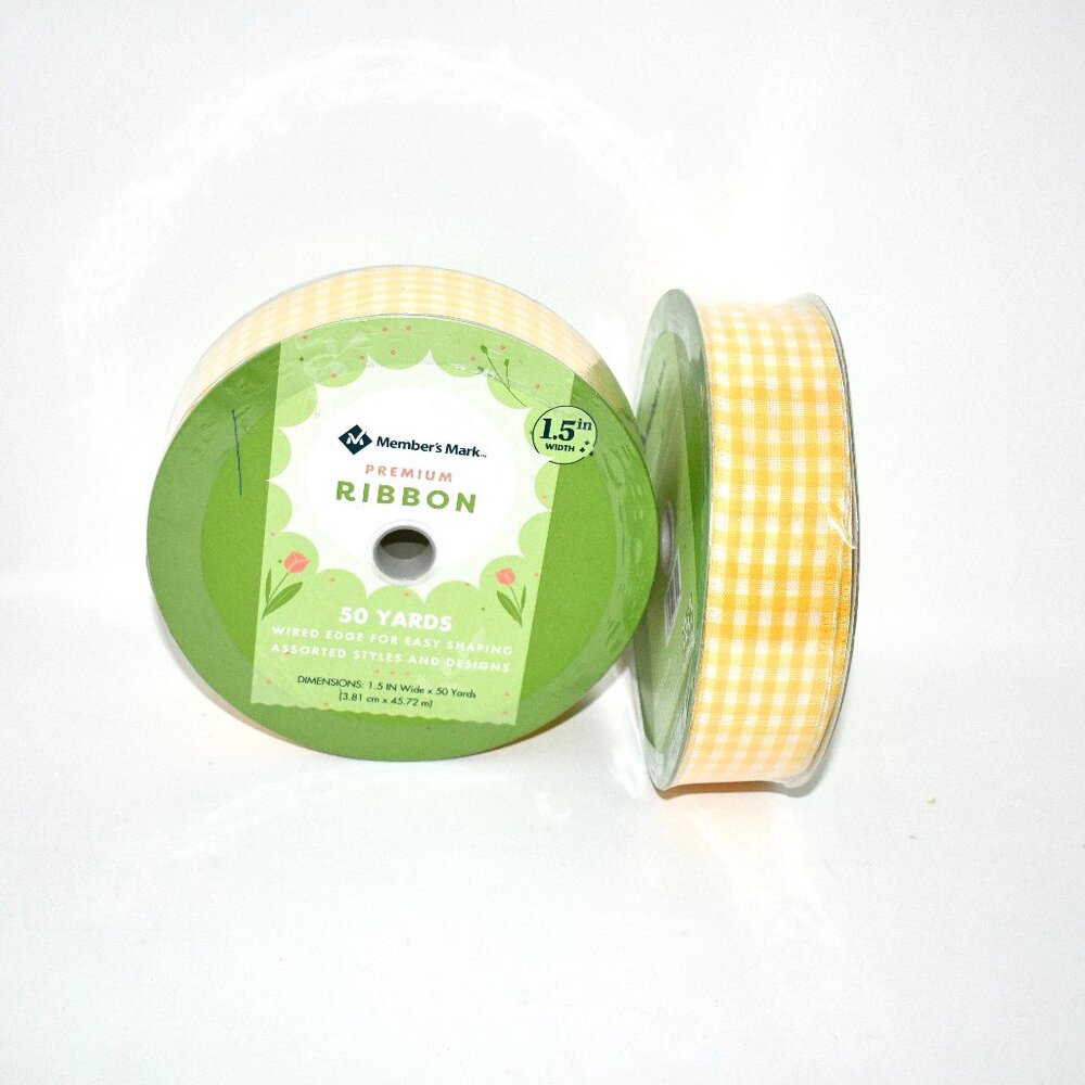 Member's Mark Set of 2- 1.75" Wired Ribbon Yellow Check 50 Yards NWT Details;  1